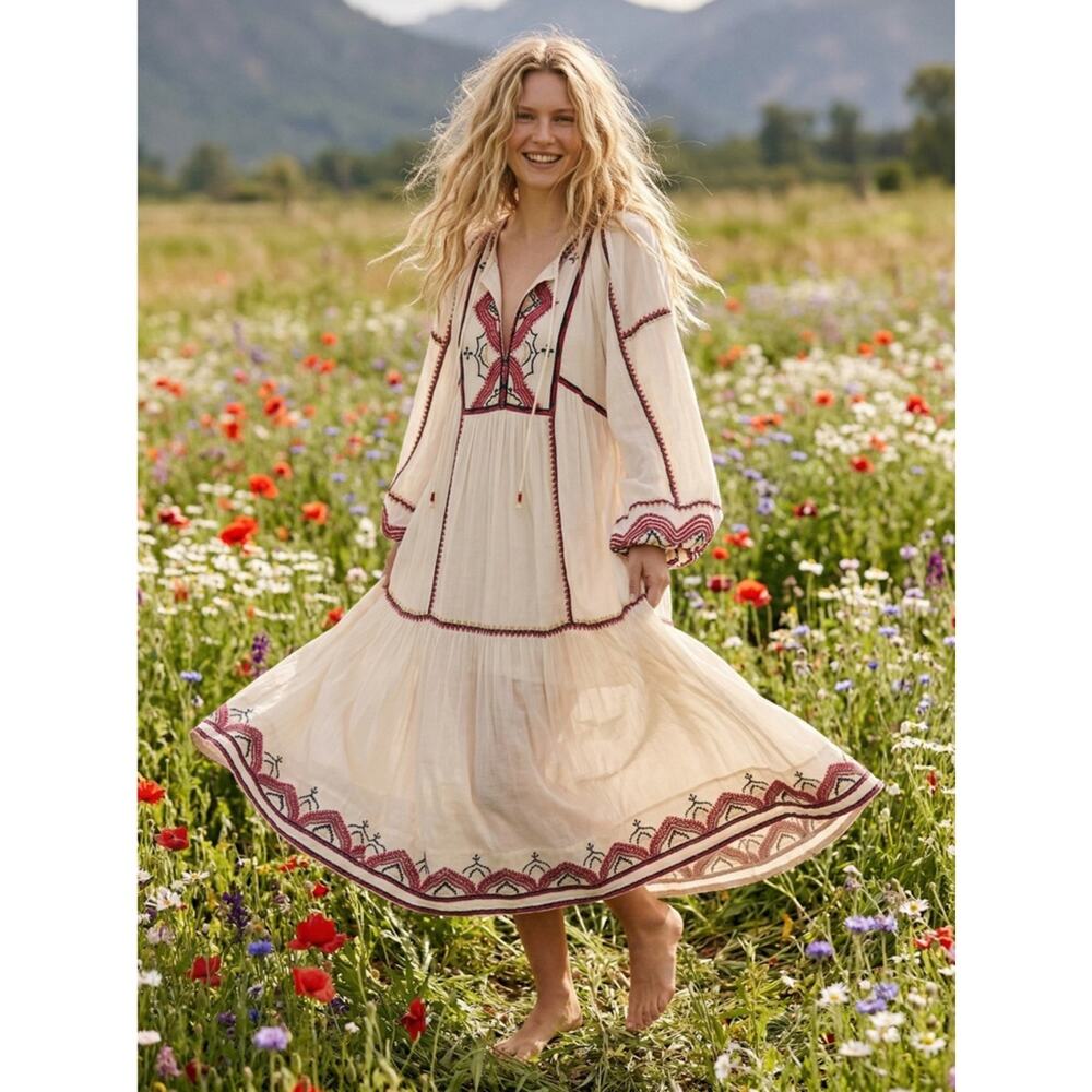 Free People Bohemian Embroidered Sweet Escape Midi Dress Size Medium - Picture 5 of 12